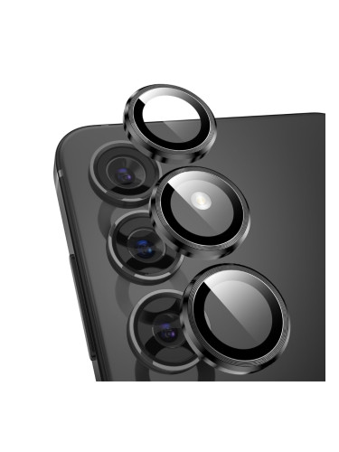 Стъклен протектор с метални рингове за задна камера MBX за Samsung Galaxy S25, Черен