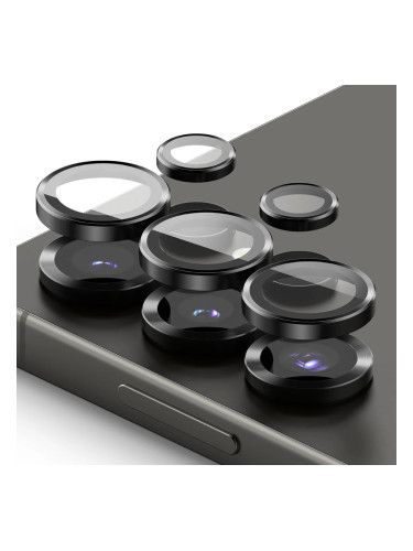 Стъклен протектор с метални рингове за задна камера MBX за Samsung Galaxy S25 Ultra, Черен