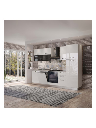 БЯЛА БЛОК КУХНЯ ВАНИА 285/60/216 СМ С  ВКЛЮЧЕН ПЛОТ, ВОДОБРАН, МИВКА И ЕЛЕКТРОУРЕДИ CANDY