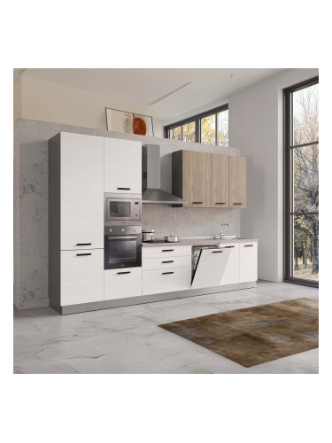 БЛОК КУХНЯ ВАНИА 360/60/240 h С ВКЛЮЧЕН ПЛОТ, ВОДОБРАН, МИВКА И ЕЛЕКТРОУРЕДИ CANDY В ДЪБОВА ТЕКСТУРА