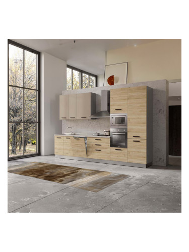 БЛОК КУХНЯ ВАНИА 360/60/240 h С ВКЛЮЧЕН ПЛОТ, ВОДОБРАН, МИВКА И ЕЛЕКТРОУРЕДИ CANDY В ДЪБОВА ТЕКСТУРА