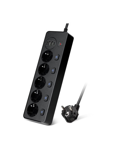 Удължител DLFI, 5 гнезда, 250V, 10A, Кабел, 1.8м., 2 x USB-F, 2 x USB-C, С ключ, Бял - 17966