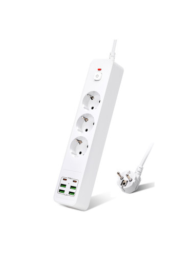 Удължител DLFI, 3 гнезда, 250V, 10A, Кабел, 1.8м., 4 x USB-F, 2 x USB-C, С ключ, Бял - 17967