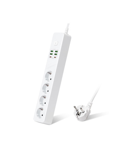 Удължител DLFI, 4 гнезда, 250V, 10A, Кабел, 1.8м., 4 x USB-F, 2 x USB-C, С ключ, Бял - 17968