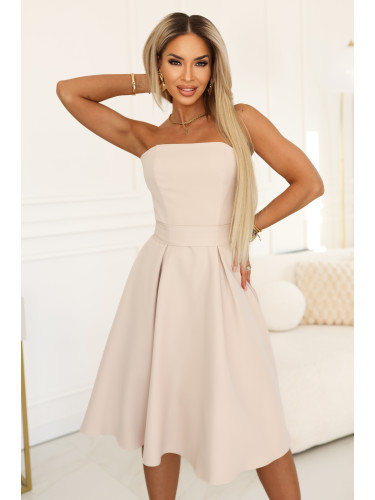 641-4 VIVIENNE Corset Flared Midi Dress with Belt - Light Beige