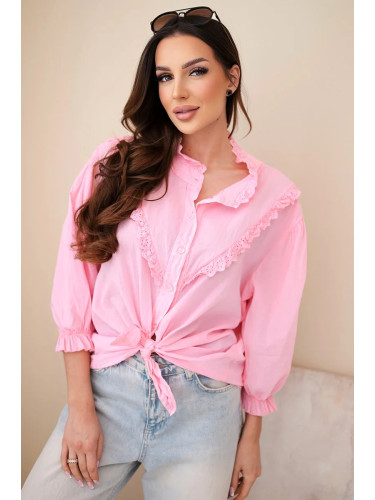 Дамска блуза от памучна дантела с връзки, светло розова