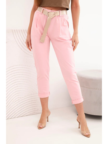 Дамски панталон с колан, светло розов