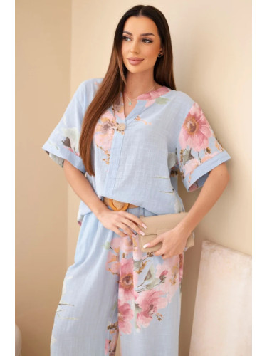 Дамски памучен комплект с къс ръкав и широки панталони