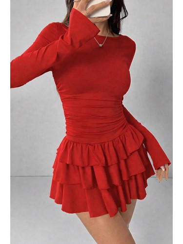 Мини рокля с волани и многопластови мотиви - Червена