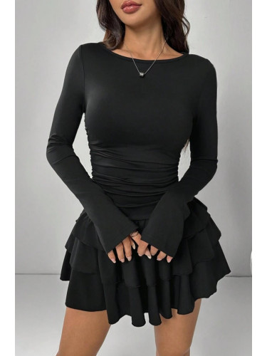Мини рокля с волани и многопластови мотиви - Черна
