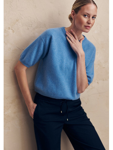 Син вълнен пуловер с ръкави до лакътя