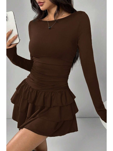 Мини рокля с цвят на едър боровинка и пластове - КАФЯВА
