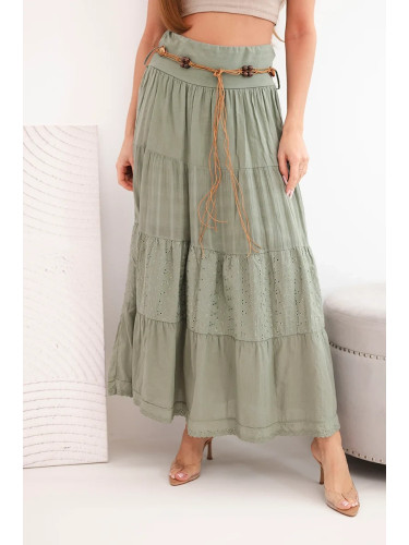 Дамска макси памучна пола с бродерия, каки