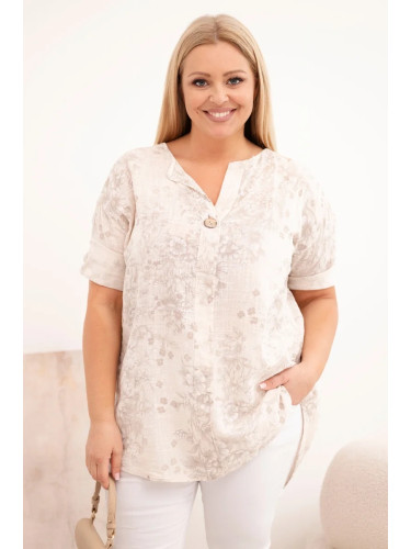 Памучна блуза с голям размер и къс ръкав, бежова