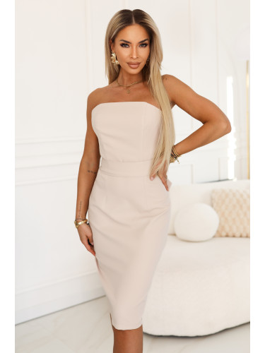 Бежова миди рокля с корсет и колан