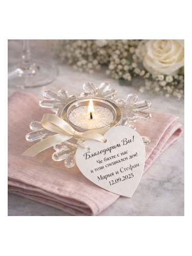 Сватбен подарък за гости – свещ със снежинка и персонализирано сърце