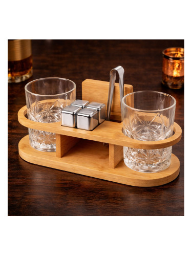 Комплект за уиски с чаши и камъни - бамбук