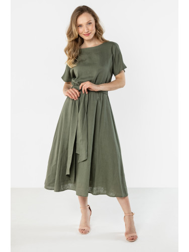 Дамска ленена миди рокля с връзки