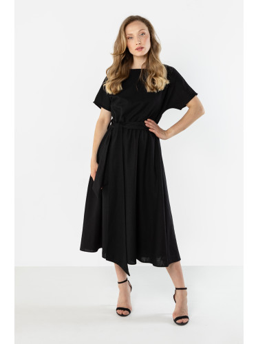 Ленена миди рокля с връзки на талията