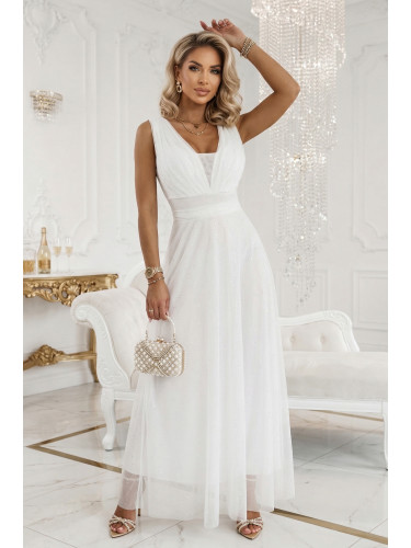 Макси рокля в екрю с брокатен акцент