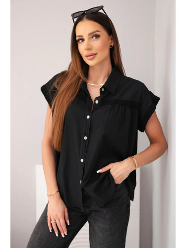 Дамска блуза с риза и дантела, черна