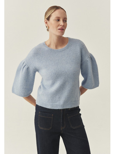 Син меланж пуловер с алпака и вълна