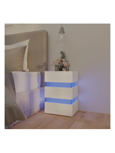 Sonata H Нощно шкафче с LED, бял гланц, 45x35x67 см, инженерно дърво