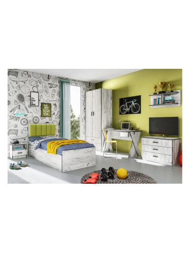 Детски спален комплект модел 5038 за матрак 90/200 см, Дъб крафт бял/Зелен