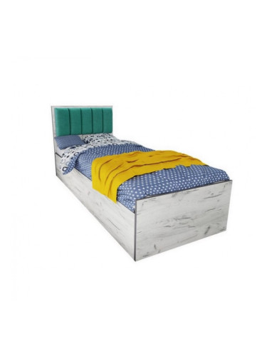 Легло Mod 5043 с тапицирана табла за матрак 90/200 см, Дъб крафт бял/Тюркоаз