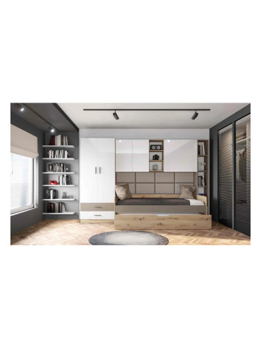 Детски спален комплект модел 5048 за матраци 90/200, Бял гланц/Дъб артисан/Лате