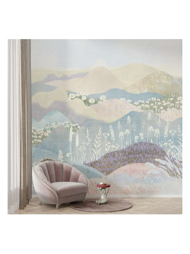 Фототапет с пролетна поляна и пастелни планини