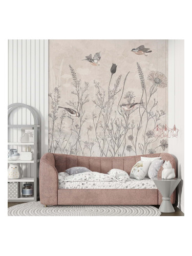 Фототапет с полски цветя и летящи птици