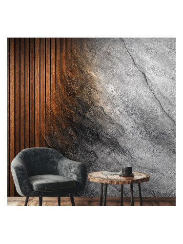 Фототапет дърво и бетон с изгорен ефект - индустриален дизайн за модерна стена
