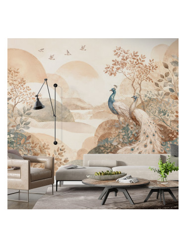 Фототапет с пауни и пейзаж в земни тонове