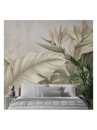Фототапет тропически листа в бежово и зелено