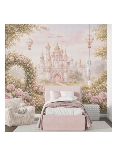 Фототапет приказен замък с розова арка и балони