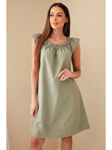 Дамска памучна рокля с накъдрено деколте и волани, каки