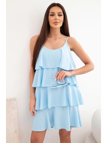 Дамска мини рокля Kesi с тънки презрамки и волани в синьо