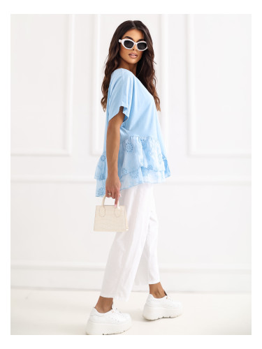 Светлосиня памучна блуза в бохо стил