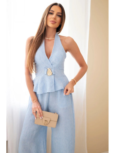 Дамски комплект от вискоза с връзки и широки панталони