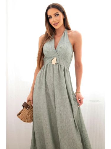 Дамска макси рокля с връзки и декоративна катарама, каки