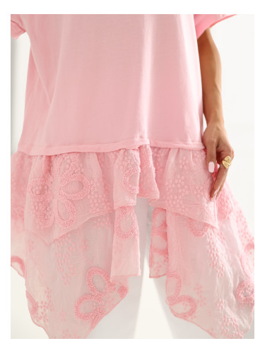 Светлорозова дълга блуза с волани