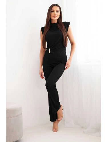 Дамски комплект Kesi с блуза с волани и широк панталон, черен