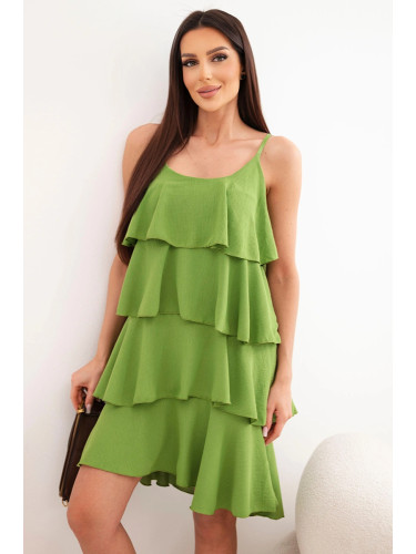 Дамска мини рокля с презрамки и волани в маслинено зелено