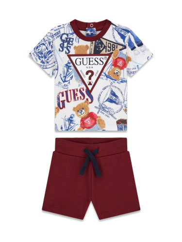 Бебешки комплект от 2 части в цвят бордо с щампи на мече и надписи Guess