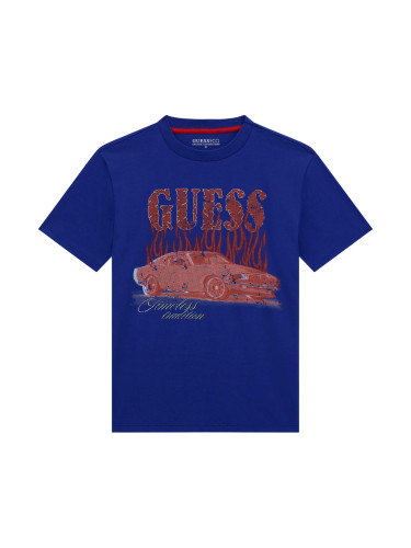 Детска блуза с къс ръкав в син цвят с щампа и лого Guess
