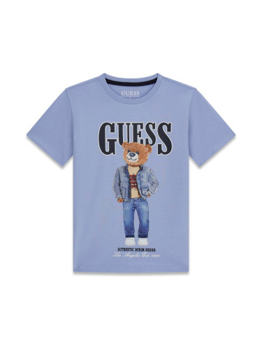Детска тениска с щампа мече и лого в светлосин цвят Guess