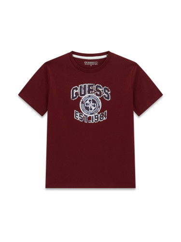 Детска тениска с щампа и лого в цвят бордо Guess