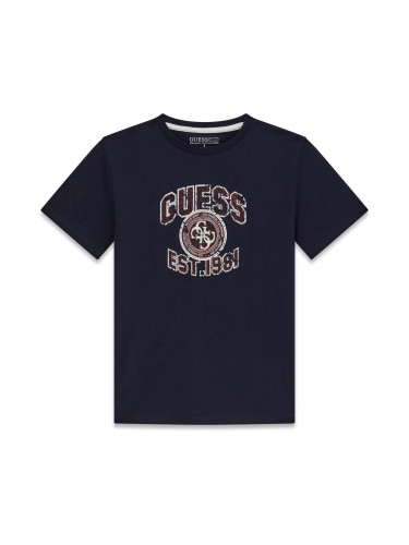 Детска тениска с щампа и лого в тъмносин цвят Guess