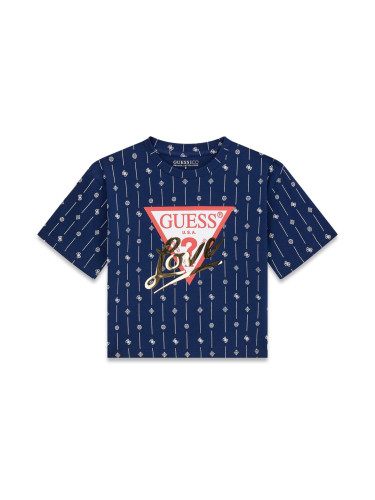 Тениска в тъмносин цвят с надпис Love и щампа Guess